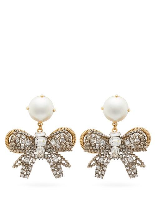 Matchesfashion.com Miu Miu - Pearl And Crystal Embellished Bow Clip Earrings - Womens - Crystal