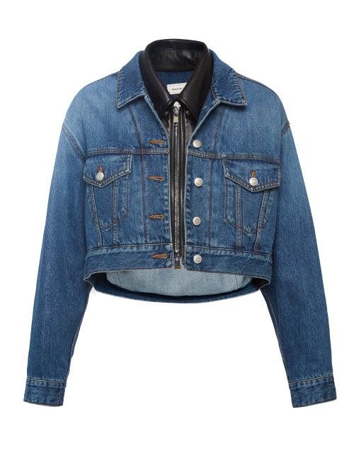 Alexander Mcqueen - Cropped Leather And Denim Jacket - Womens - Denim