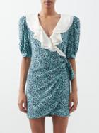Alessandra Rich - Ruffle Collar Floral-print Silk Wrap Dress - Womens - Navy