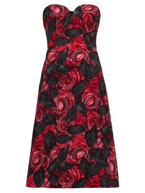 Matchesfashion.com Prada - Sweetheart Neckline Rose Print Cady Dress - Womens - Red Multi