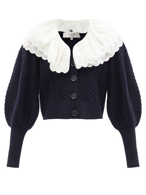 Ladies Rtw Sea - Melanie Removable-collar Puff-sleeve Wool Cardigan - Womens - Navy White