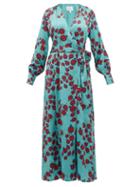 Matchesfashion.com Rebecca De Ravenel - Claire Pomegranate Print Silk Satin Wrap Dress - Womens - Blue Multi