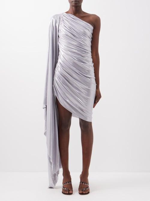 Norma Kamali - Diana Draped-sleeve Ruched Lam Dress - Womens - Grey Silver