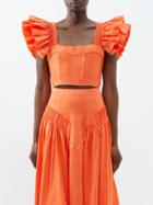 Aje - Imagination Ruffle-sleeve Linen-blend Cropped Top - Womens - Orange