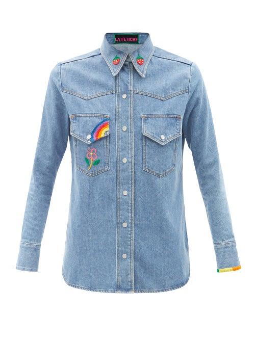 La Fetiche - Ono Embroidered Denim Shirt Jacket - Womens - Mid Denim