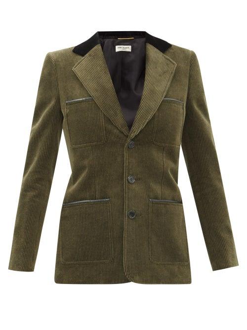 Saint Laurent - Leather-trimmed Corduroy Single-breasted Jacket - Womens - Khaki