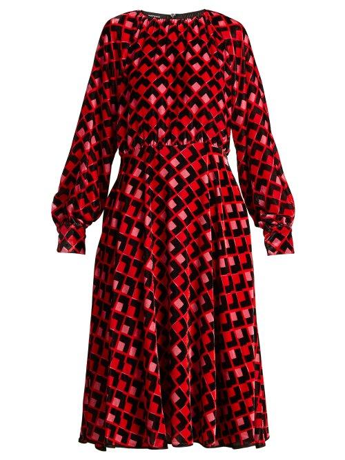 Matchesfashion.com Rochas - Geometric Print Velvet Midi Dress - Womens - Red Print