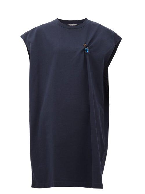 Matchesfashion.com Acne Studios - Ering Crystal-brooch Cotton-jersey T-shirt Dress - Womens - Navy