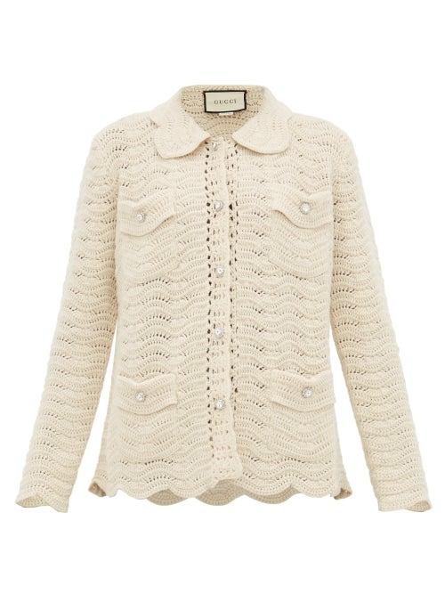 Matchesfashion.com Gucci - Crystal Button Crochet Wool Cardigan - Womens - Ivory