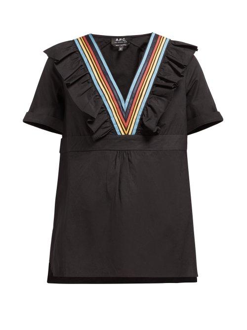 Matchesfashion.com A.p.c. - Erwin Ruffled And Striped V Neck Cotton Top - Womens - Black