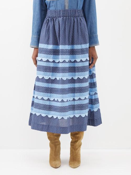 Sea - Palmer Patchwork Cotton Midi Skirt - Womens - Blue Navy