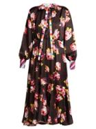 Matchesfashion.com Msgm - Rose Print Satin Midi Dress - Womens - Black Multi