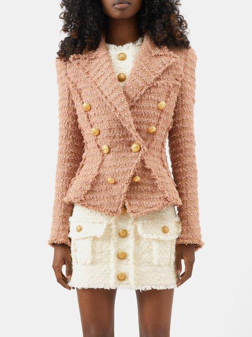 Balmain - Buttoned Peplum Tweed Jacket - Womens - White