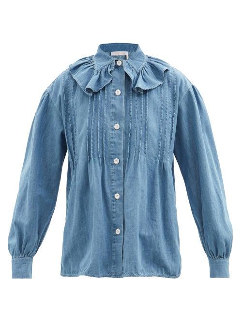 See By Chlo - Ruffled Chambray Shirt - Womens - Mid Denim