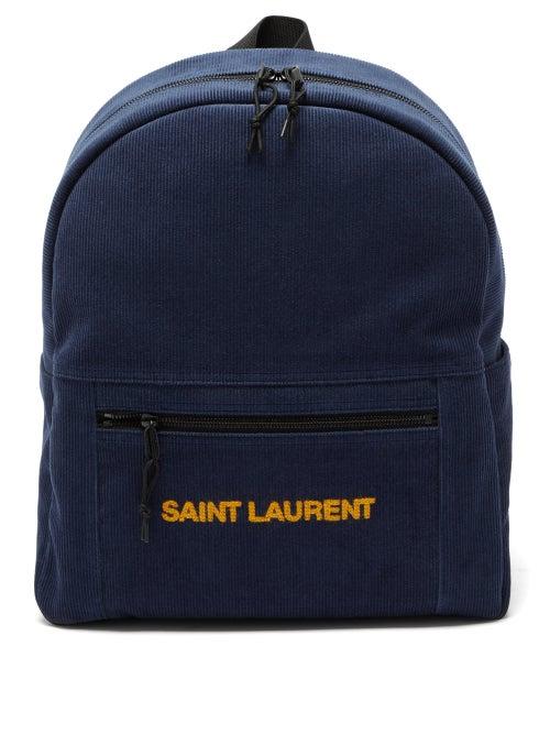 Saint Laurent - Logo-embroidered Corduroy Backpack - Mens - Navy