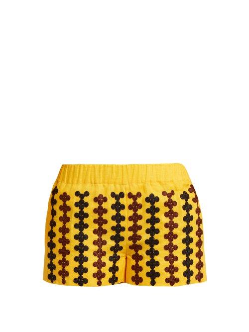 Matchesfashion.com Vita Kin - Riverbank Embroidered Lightweight Linen Shorts - Womens - Yellow Multi