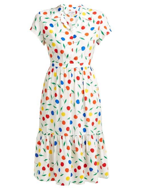 Matchesfashion.com Hvn - Charlotte Cherry Print Ruffled Silk Midi Dress - Womens - White Multi