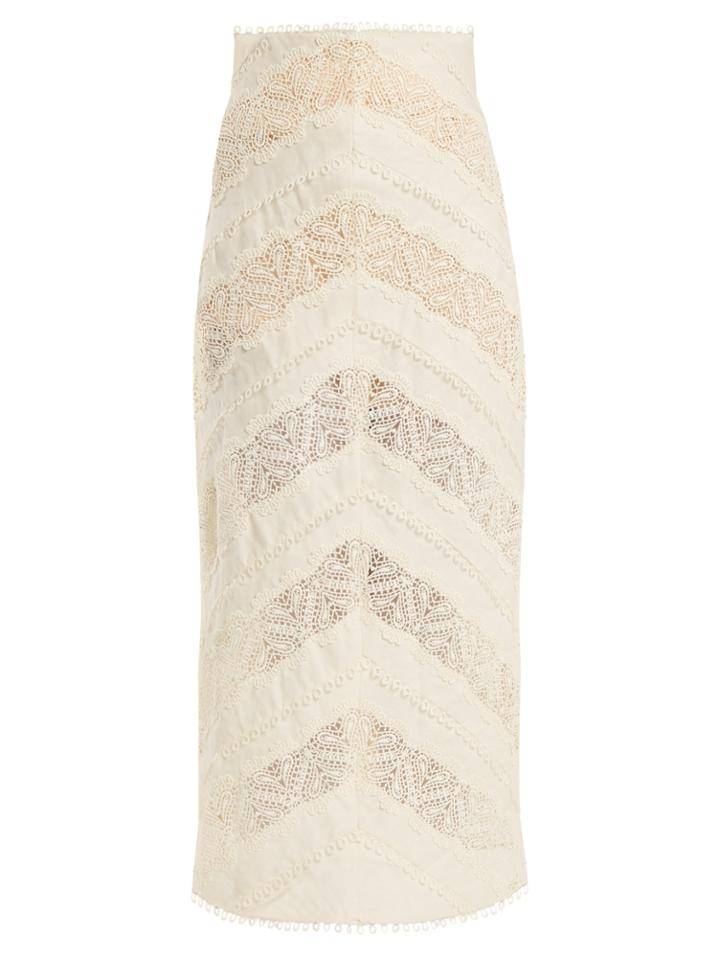 Zimmermann Painted Heart Chevron-panelled Lace Linen Skirt