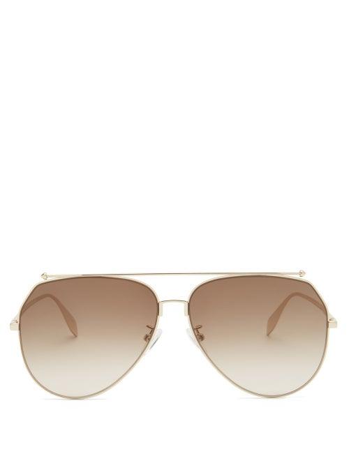 Matchesfashion.com Alexander Mcqueen - Aviator Round Metal Sunglasses - Womens - Brown Multi