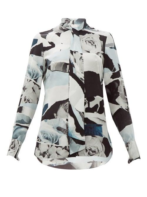 Matchesfashion.com Alexander Mcqueen - Rose Print Silk Crepe De Chine Blouse - Womens - Blue Multi