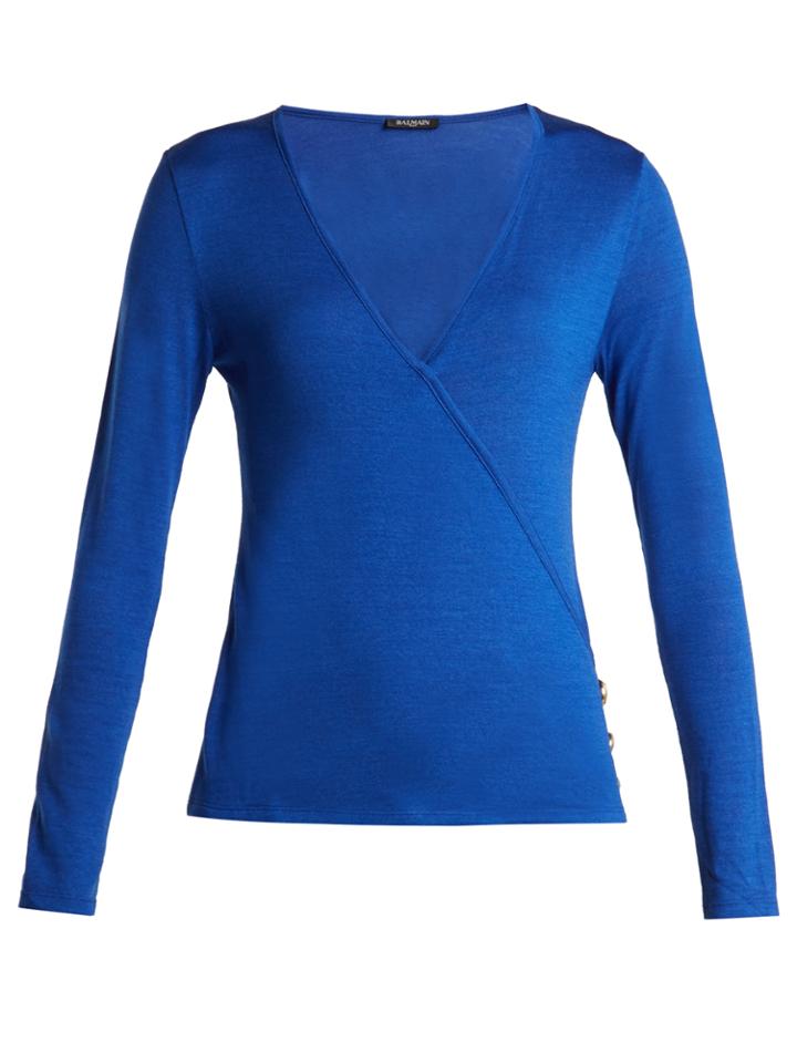 Balmain Asymmetric-wrap Wool And Silk-blend Top