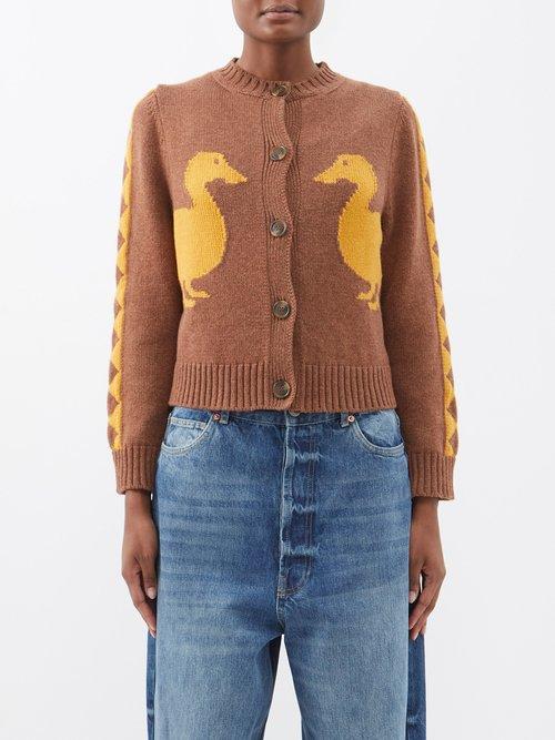 S.s. Daley - Jasper Duck-intarsia Lambswool Cardigan - Womens - Brown Yellow