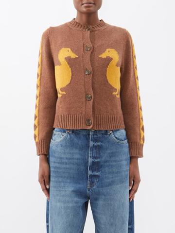 S.s. Daley - Jasper Duck-intarsia Lambswool Cardigan - Womens - Brown Yellow