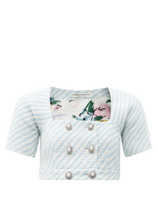 Matchesfashion.com Alessandra Rich - Pearl-button Striped Tweed Cropped Top - Womens - Light Blue