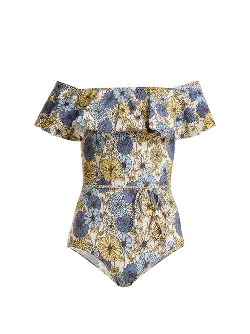 Matchesfashion.com Lisa Marie Fernandez - Mira Floral Print Off Shoulder Swimsuit - Womens - Cream Multi