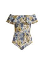 Matchesfashion.com Lisa Marie Fernandez - Mira Floral Print Off Shoulder Swimsuit - Womens - Cream Multi