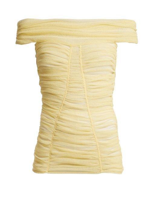 Matchesfashion.com Dolce & Gabbana - Off The Shoulder Ruched Sheer Top - Womens - Light Yellow