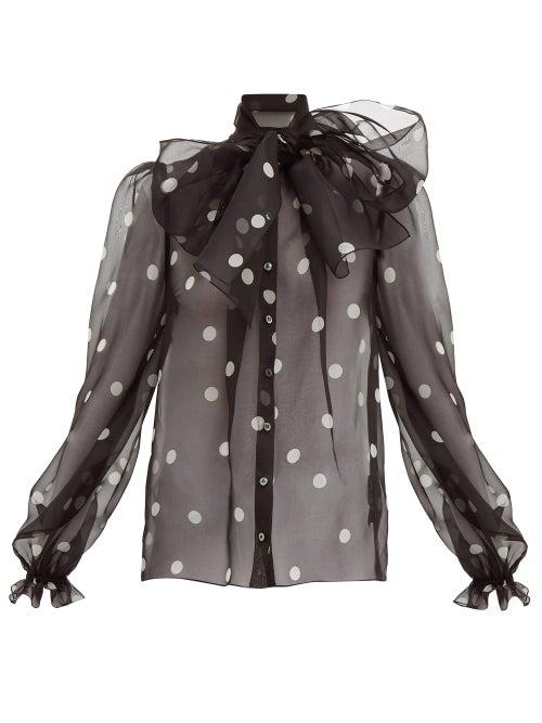 Matchesfashion.com Dolce & Gabbana - Polka Dot Print Pussy Bow Organza Blouse - Womens - Black White