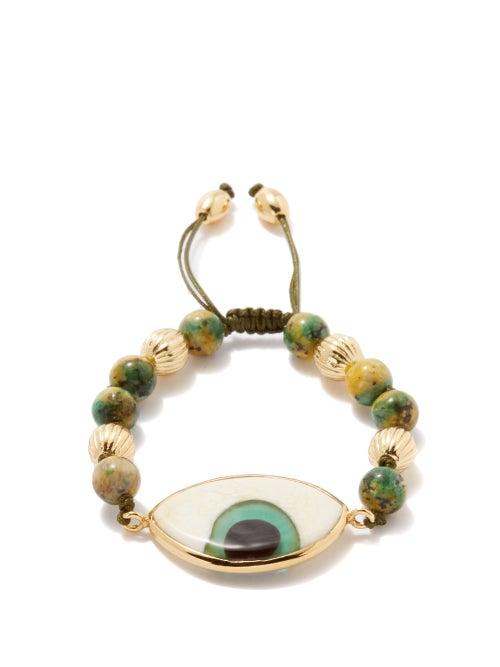 Tohum - Evil Eye-charm Beaded 24kt Gold-plated Bracelet - Womens - Green Gold