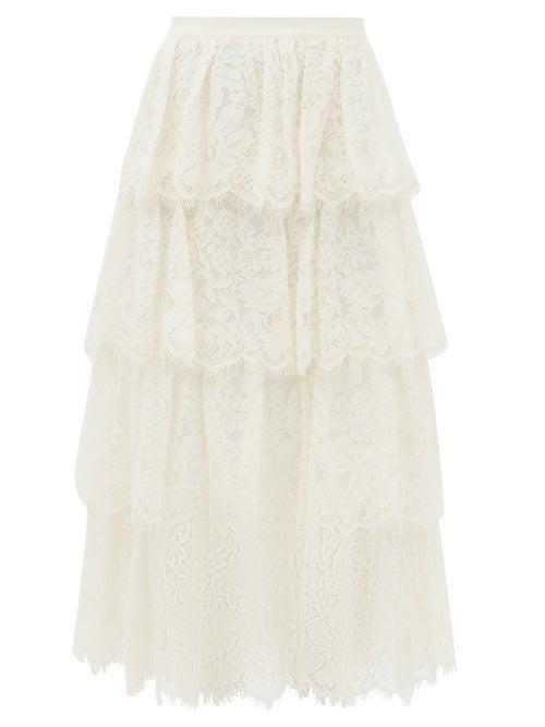 Self-portrait - Tiered Guipure-lace Cotton-blend Skirt - Womens - White