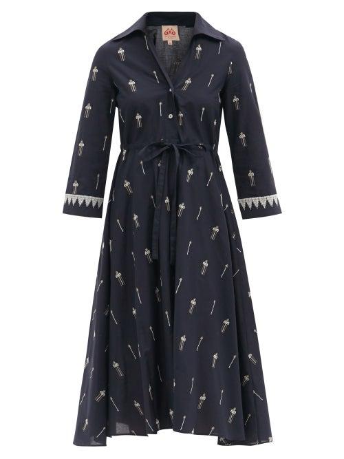 Matchesfashion.com Le Sirenuse, Positano - Lucy Floral-embroidered Cotton Midi Shirt Dress - Womens - Navy