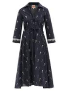 Matchesfashion.com Le Sirenuse, Positano - Lucy Floral-embroidered Cotton Midi Shirt Dress - Womens - Navy