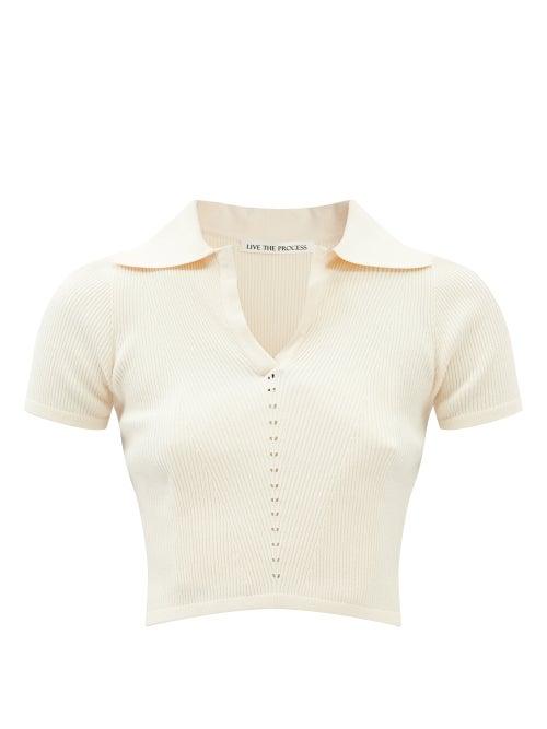 Live The Process - Seamless Ribbed Jersey Cropped Polo Top - Womens - Cream