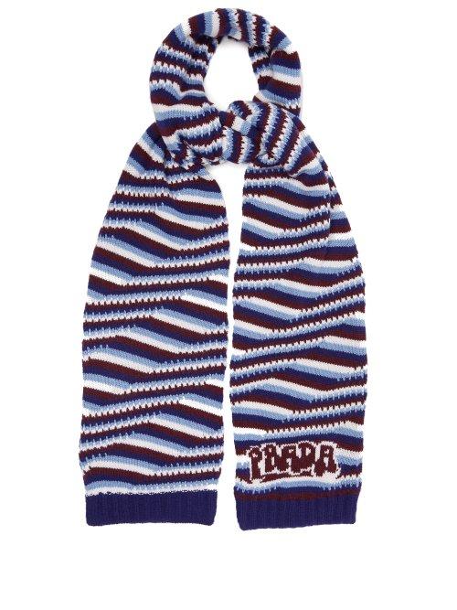 Matchesfashion.com Prada - Intarsia Logo Striped Cashmere Scarf - Womens - Blue