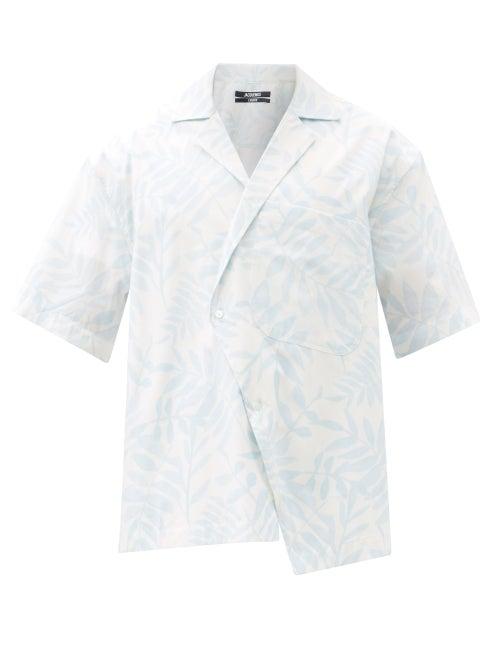 Matchesfashion.com Jacquemus - Novi Asymmetric Fern-print Cotton-poplin Shirt - Mens - Blue