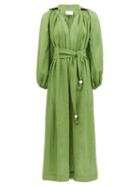 Matchesfashion.com Lisa Marie Fernandez - Poet Balloon-sleeved Belted Linen-blend Dress - Womens - Green