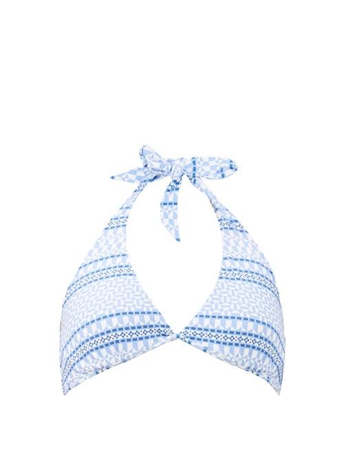 Matchesfashion.com Heidi Klein - Malta Halterneck Mosaic-print Bikini Top - Womens - Blue Print