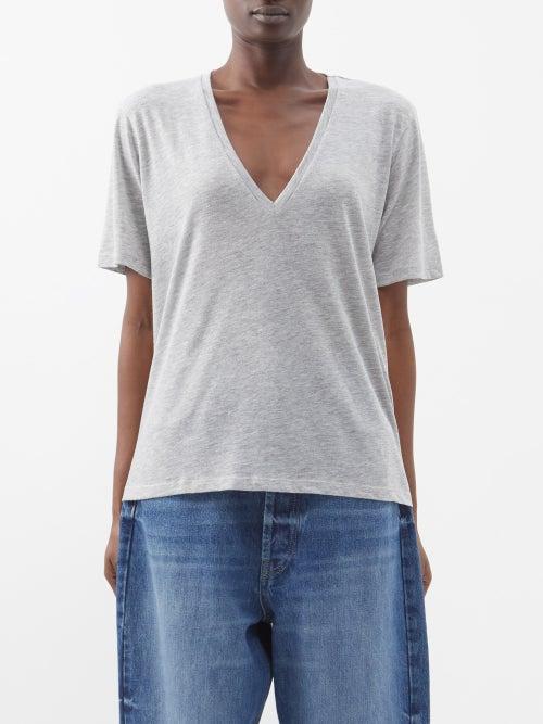 Raey - V-neck Relaxed Fit Cotton-blend T-shirt - Womens - Grey