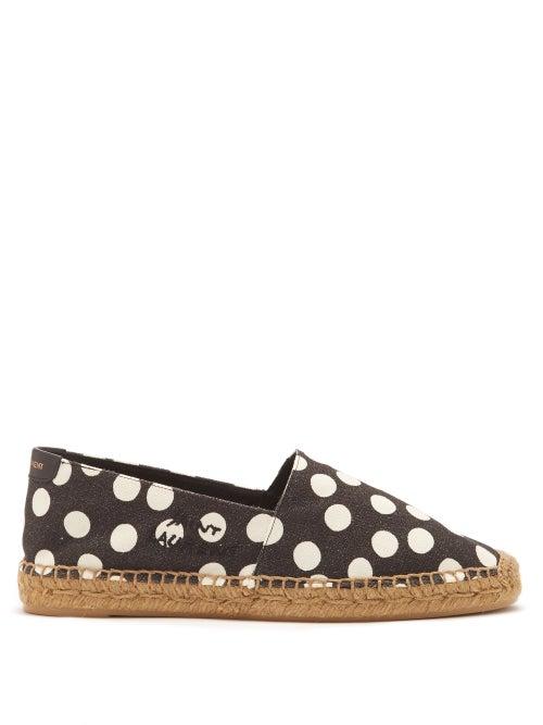 Ladies Shoes Saint Laurent - Logo-embroidered Polka-dot Canvas Espadrilles - Womens - Black White