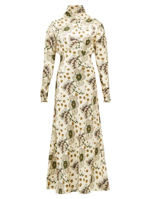 Matchesfashion.com Etro - Leicester High Neck Floral Print Satin Dress - Womens - Ivory Multi
