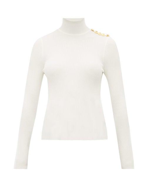 Matchesfashion.com Alexandre Vauthier - Buttoned High Neck Wool Blend Sweater - Womens - White