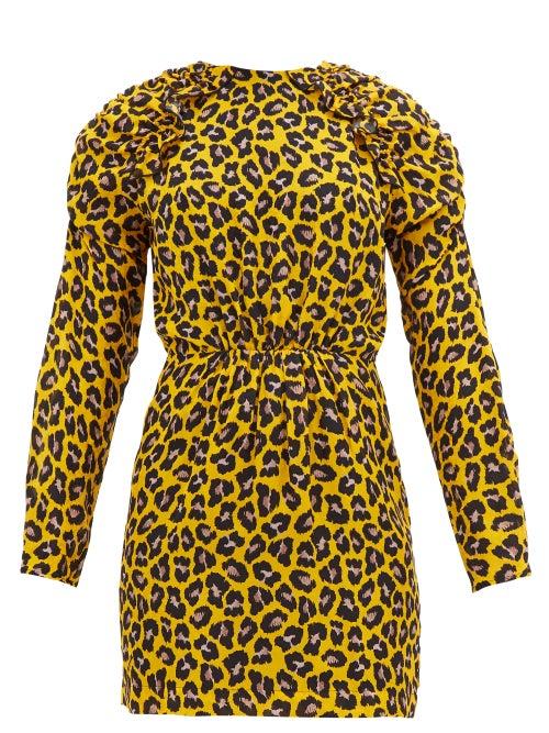 Matchesfashion.com Msgm - Ruffled Leopard Print Crepe Mini Dress - Womens - Yellow