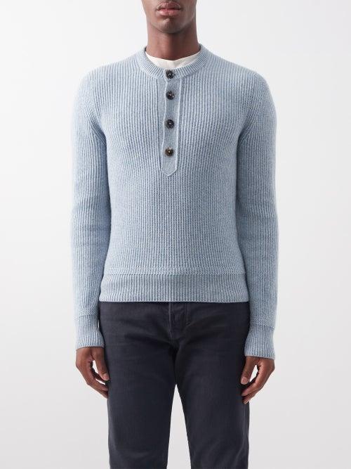 Tom Ford - Ribbed Cashmere-blend Henley Top - Mens - Light Blue