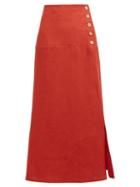 Matchesfashion.com Belize - Elvira Buttoned Linen Midi Skirt - Womens - Red