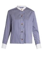 Khaite Paloma Striped Collarless Box-cut Shirt