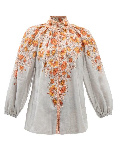 Zimmermann - Andie Stand-collar Floral-print Ramie Voile Blouse - Womens - Blue Print